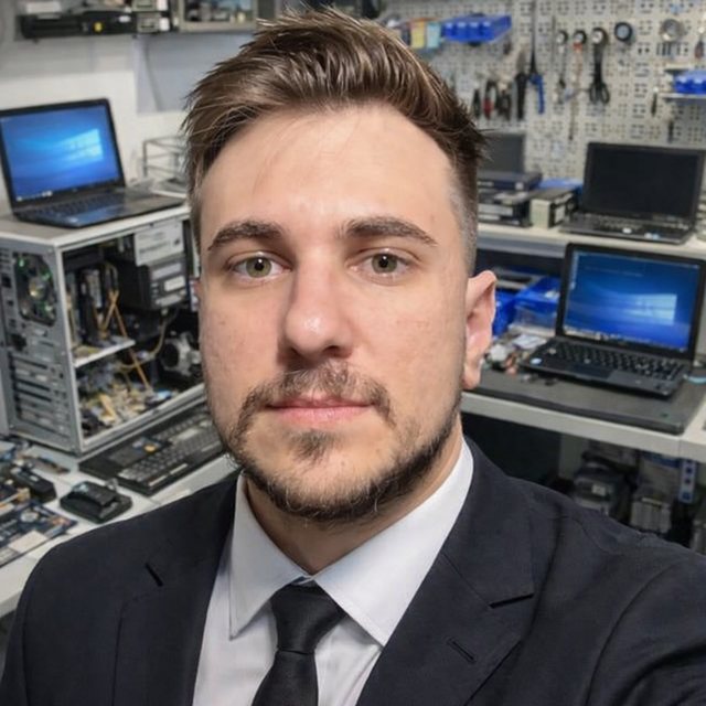 Lucas Garnica, de terno escuro e gravata, em frente a uma bancada com notebooks e computadores em manutenção