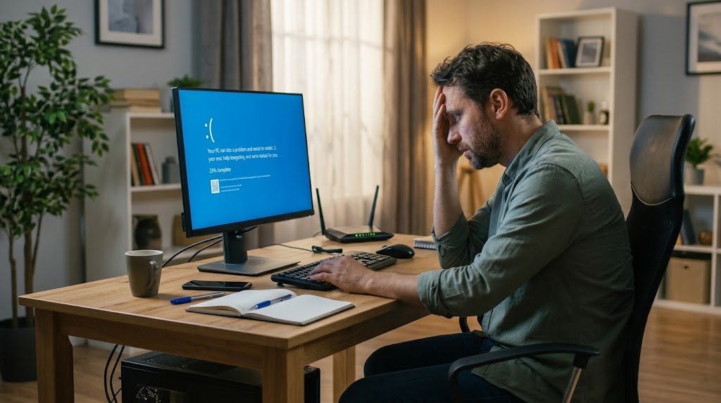 Homem com a mão na testa diante de um computador com tela azul de erro, em uma sala de casa