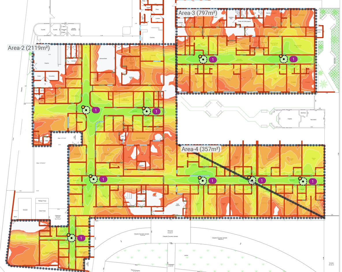 Mapa de cobertura Wi-Fi sobre a planta de um prédio, com pontos de acesso e áreas em verde, amarelo e laranja